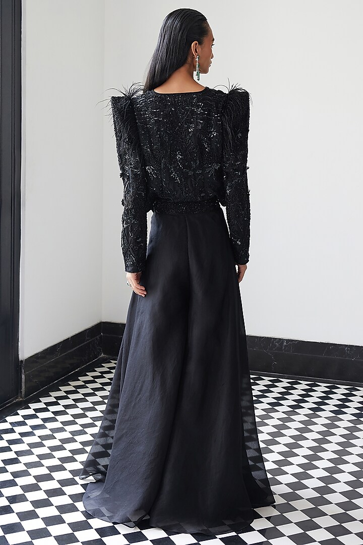 Black Organza Hand Embellished Jacket Set by ISTYA at Pernia's Pop Up Shop