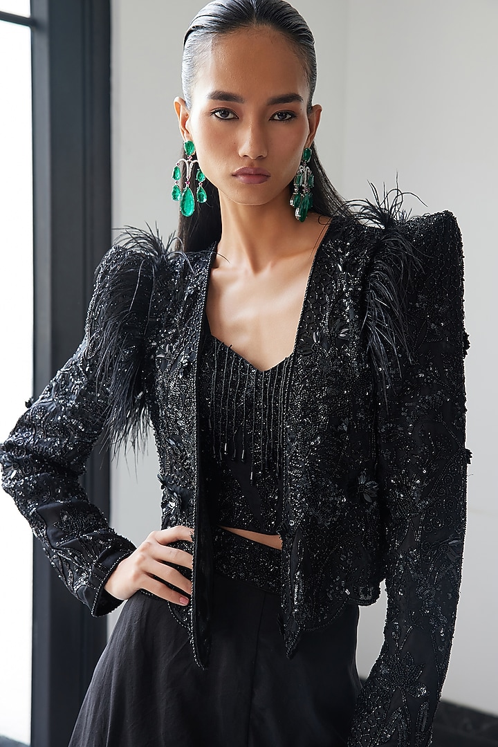Black Organza Hand Embellished Jacket Set by ISTYA at Pernia's Pop Up Shop