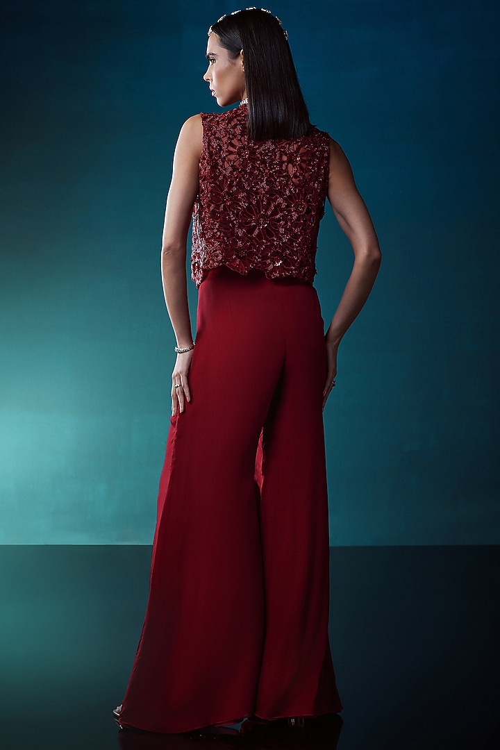 Red Organa Hand Embroidered Short Jacket Set by ISTYA at Pernia's Pop Up Shop