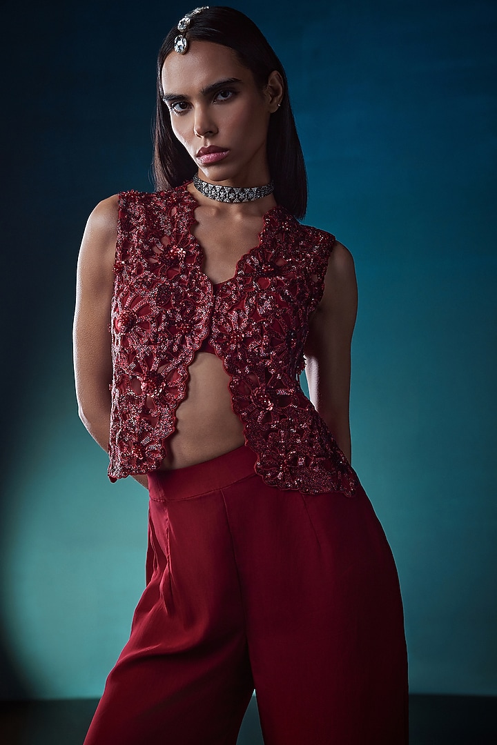 Red Organa Hand Embroidered Short Jacket Set by ISTYA at Pernia's Pop Up Shop