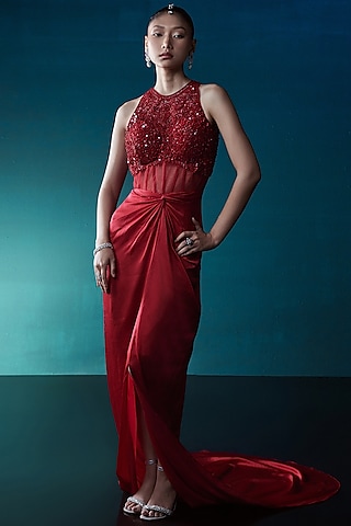 Red Satin Hand Embellished Gown by ISTYA