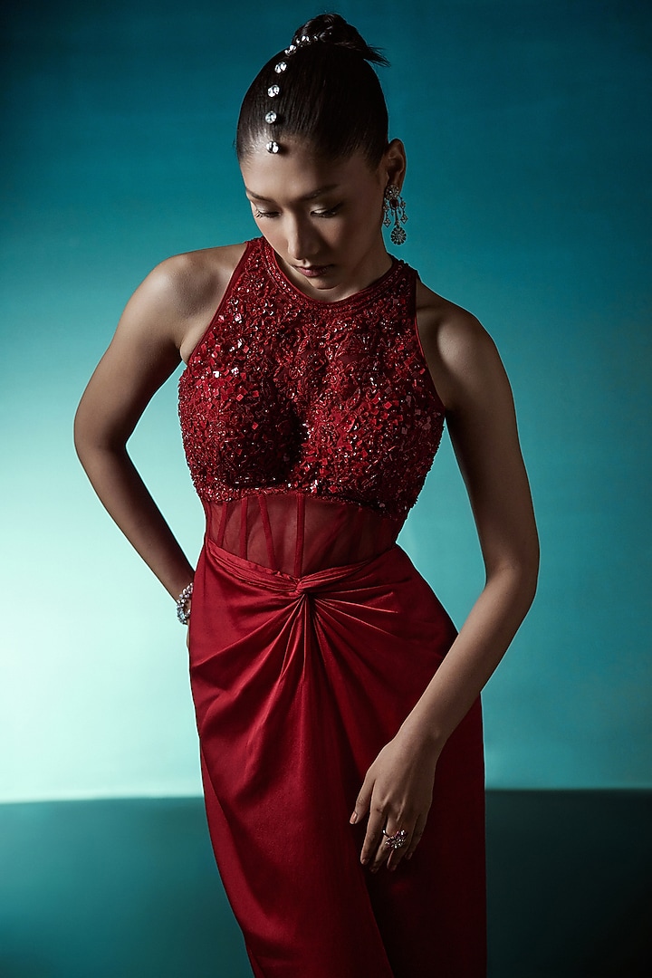 Red Satin Hand Embellished Engagement Gown by ISTYA at Pernia's Pop Up Shop