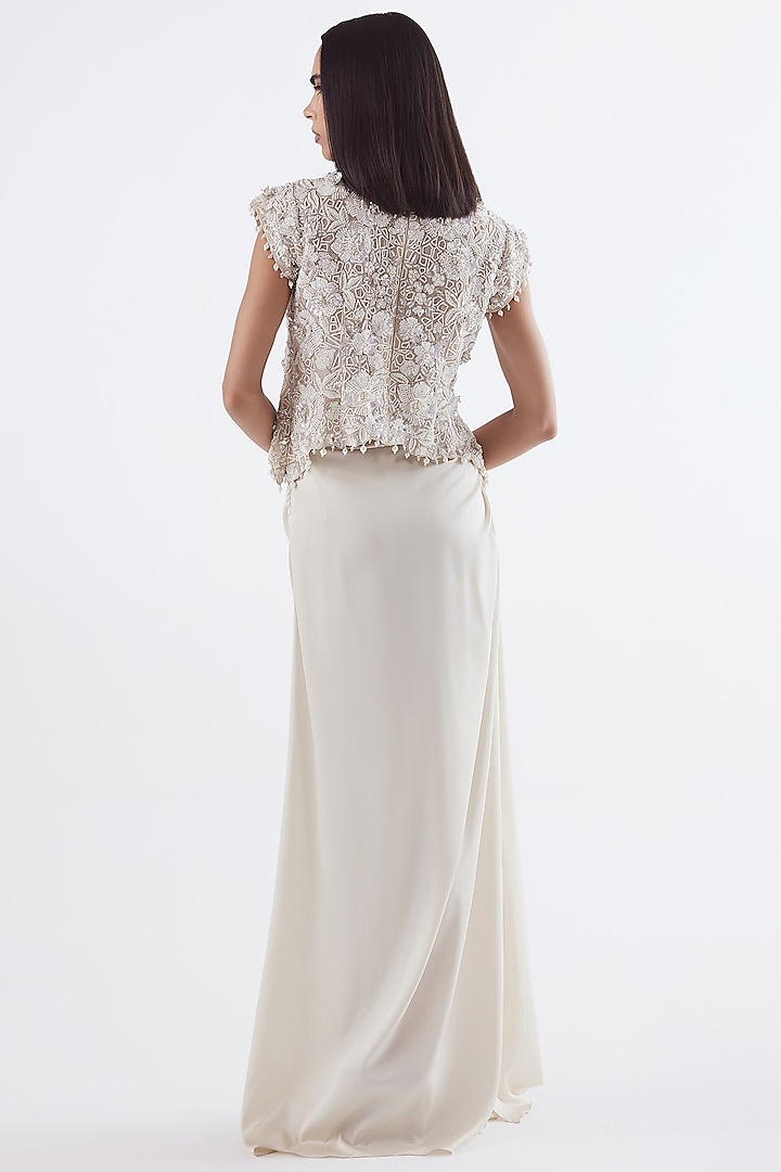 Ivory Satin Draped Skirt Set by ISTYA at Pernia's Pop Up Shop