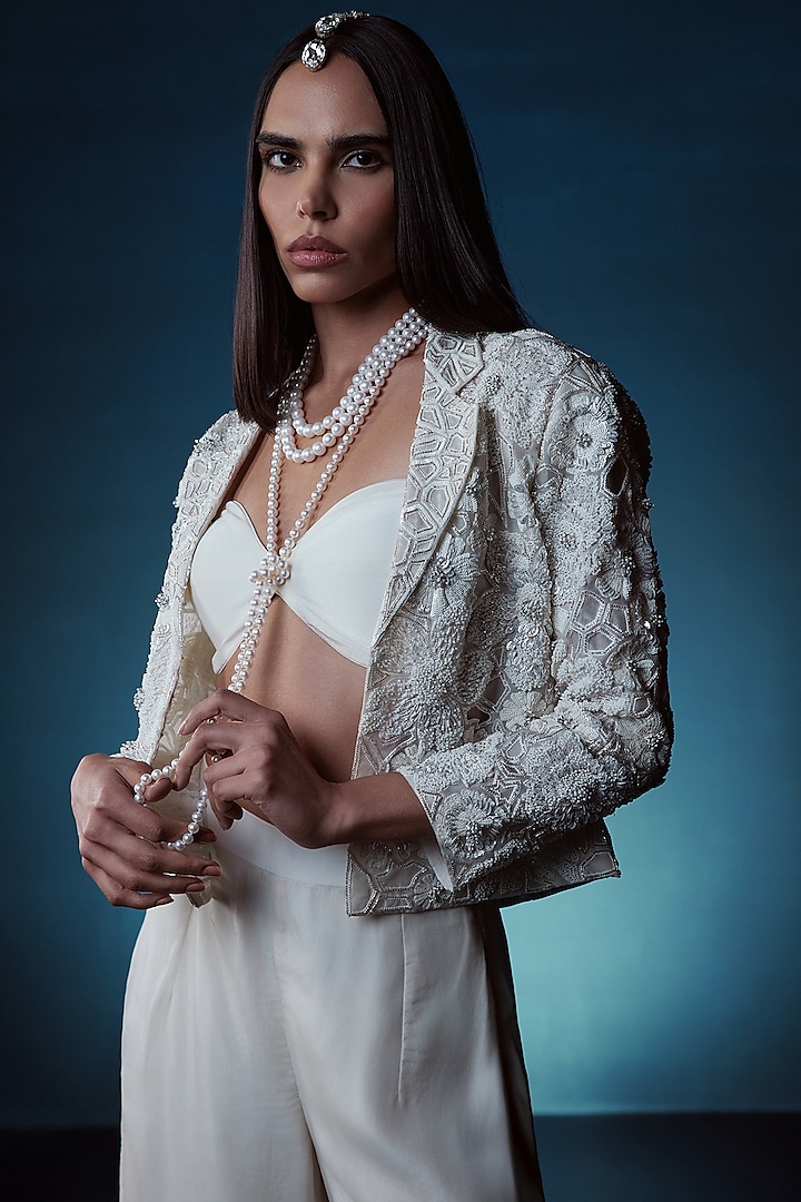 Ivory Organza Hand Embroidered Jacket Set by ISTYA at Pernia's Pop Up Shop