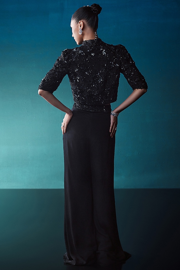 Black Chinon Floral Cutdana Embroidered Short Jacket Set by ISTYA at Pernia's Pop Up Shop