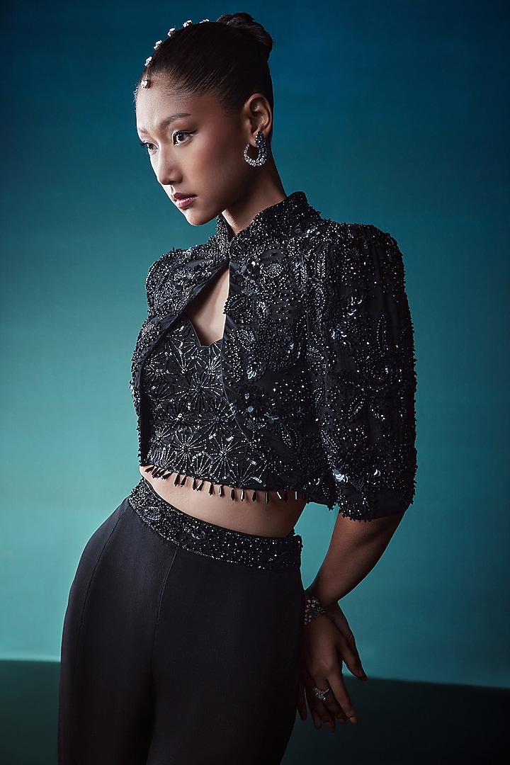 Black Chinon Floral Cutdana Embroidered Short Jacket Set by ISTYA at Pernia's Pop Up Shop