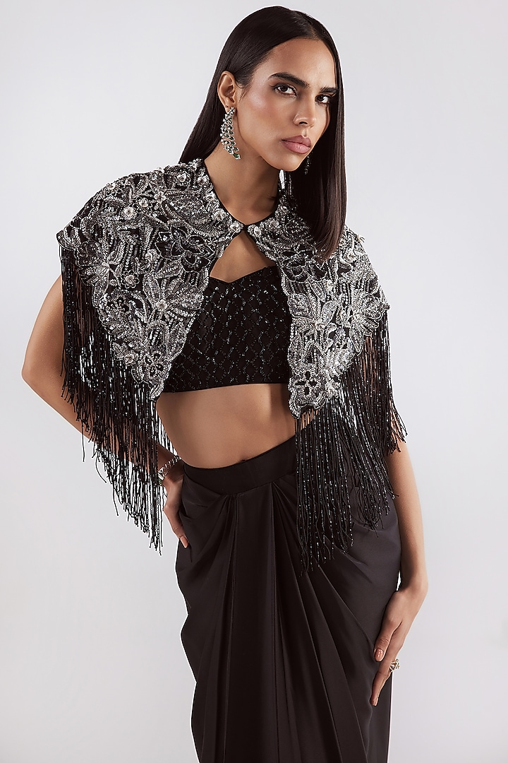 Black Satin Draped Skirt Set by ISTYA at Pernia's Pop Up Shop