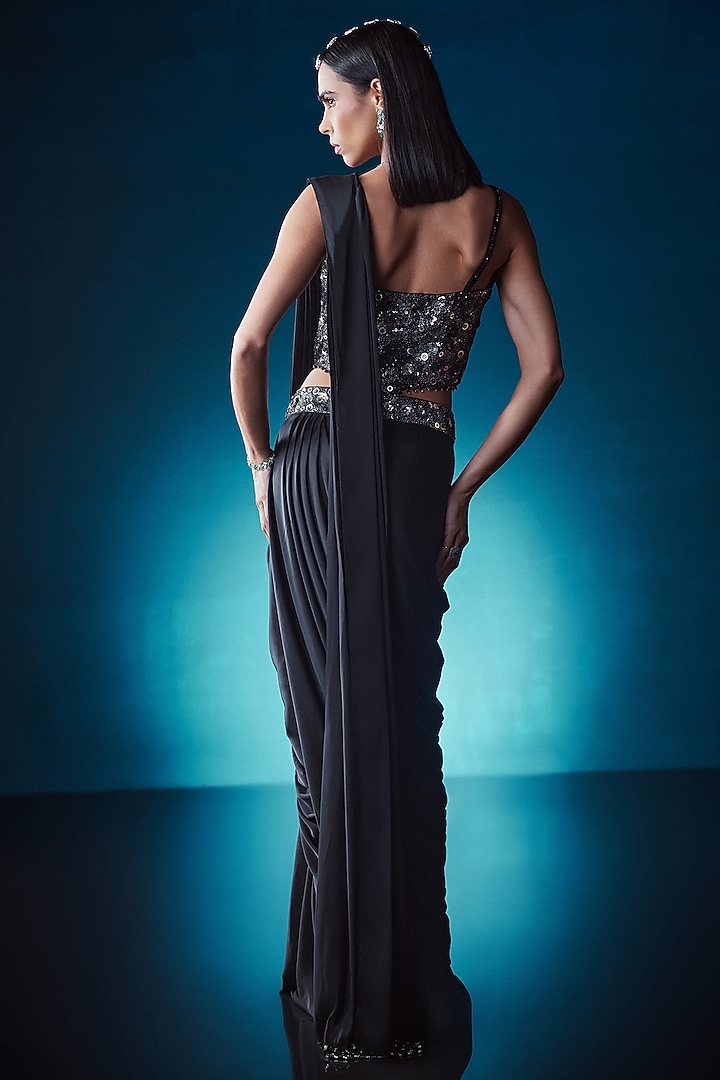 Black Organza & Chinon Draped Wedding Saree Set by ISTYA at Pernia's Pop Up Shop