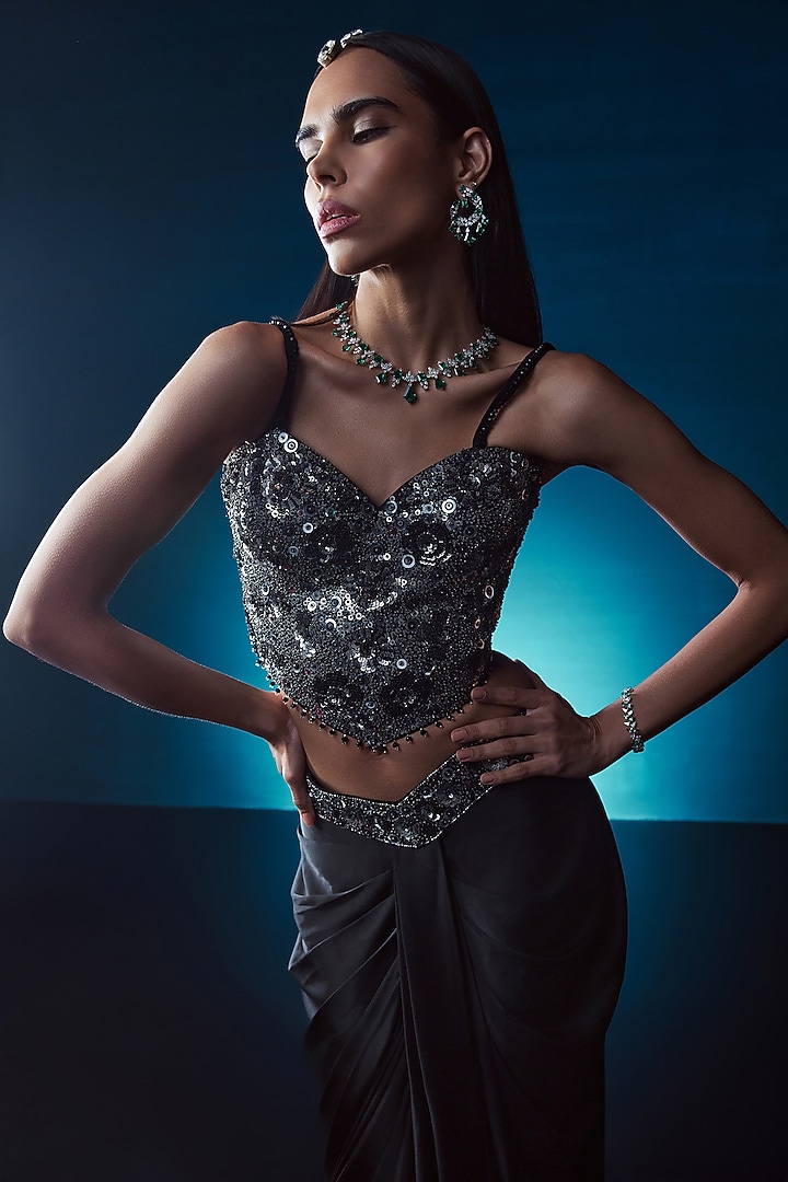 Black Organza & Chinon Draped Wedding Saree Set by ISTYA at Pernia's Pop Up Shop