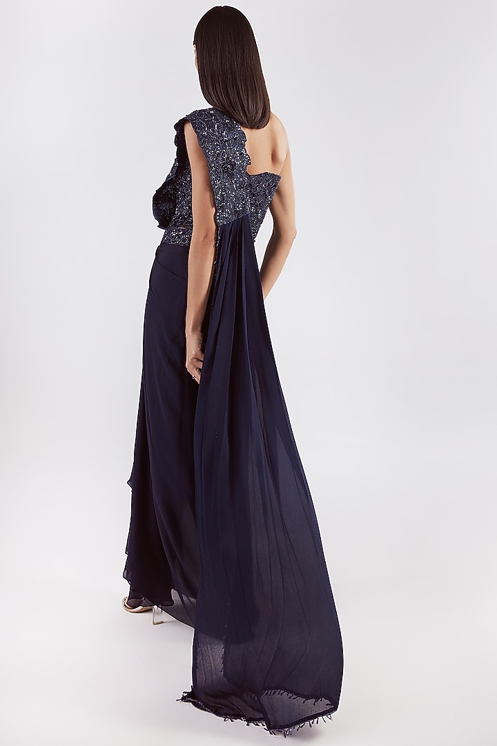 Navy Organza & Chinon Draped Wedding Saree Set by ISTYA at Pernia's Pop Up Shop