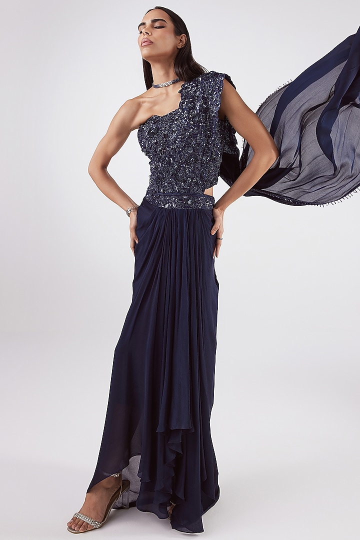 Navy Organza & Chinon Draped Wedding Saree Set by ISTYA at Pernia's Pop Up Shop