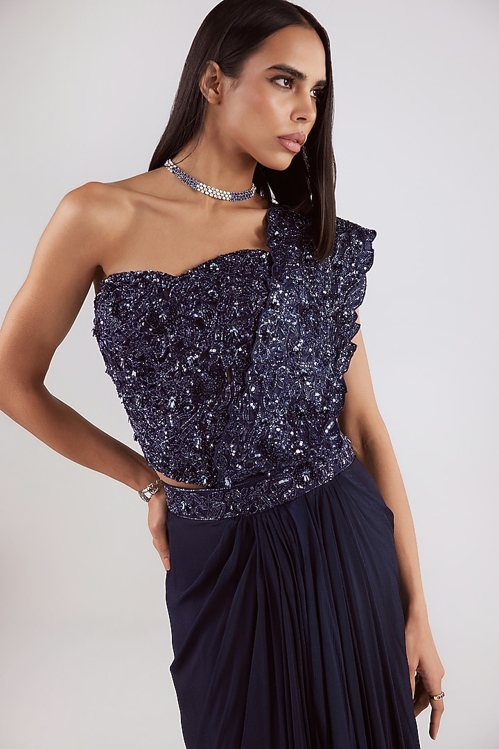 Navy Organza & Chinon Draped Wedding Saree Set by ISTYA at Pernia's Pop Up Shop