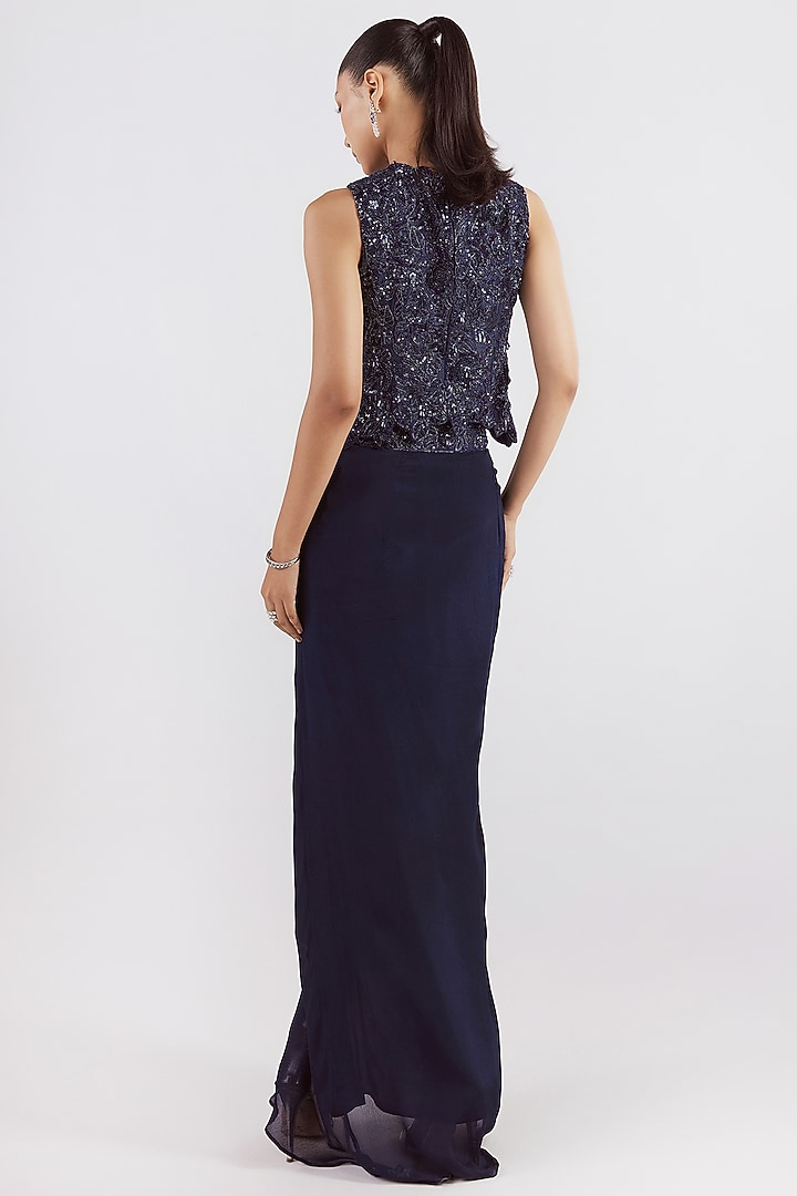 Navy Pure Satin Draped Skirt Set by ISTYA at Pernia's Pop Up Shop