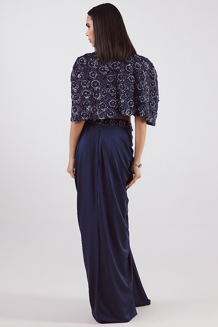 Navy Lycra Draped Skirt Set by ISTYA at Pernia's Pop Up Shop