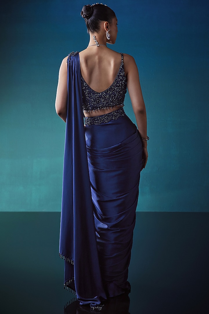 Navy Satin Pre-Draped Wedding Saree Set by ISTYA at Pernia's Pop Up Shop