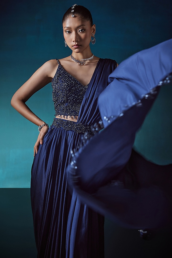 Navy Satin Pre-Draped Wedding Saree Set by ISTYA at Pernia's Pop Up Shop
