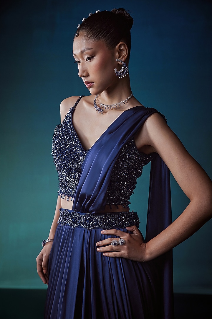 Navy Satin Pre-Draped Wedding Saree Set by ISTYA at Pernia's Pop Up Shop