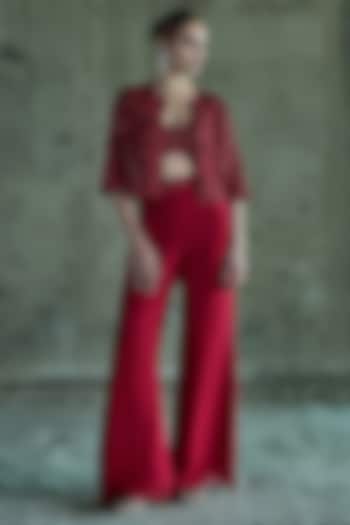 Red Organza Cutwork Jacket Set by ISTYA at Pernia's Pop Up Shop