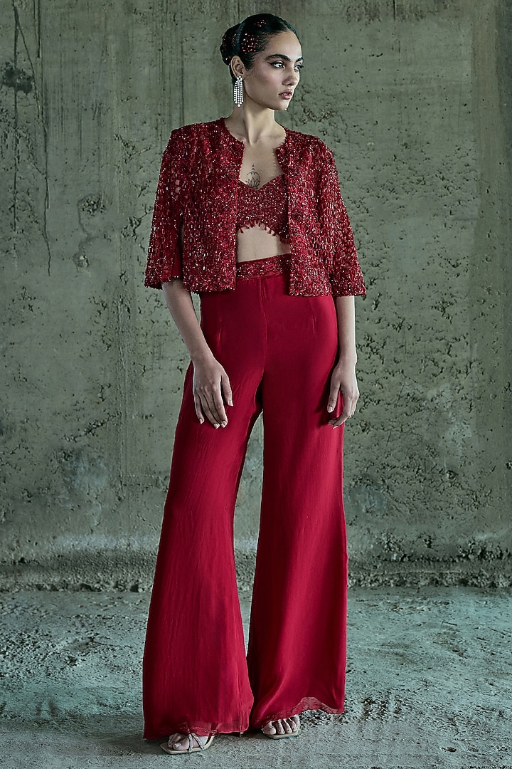 Red Organza Cutwork Jacket Set by ISTYA at Pernia's Pop Up Shop