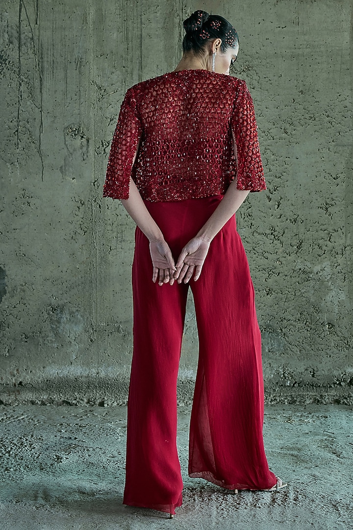 Red Organza Cutwork Jacket Set by ISTYA at Pernia's Pop Up Shop