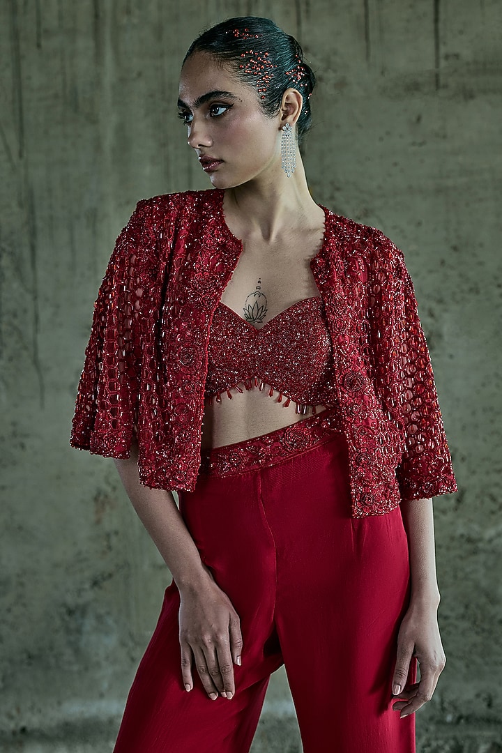 Red Organza Cutwork Jacket Set by ISTYA at Pernia's Pop Up Shop