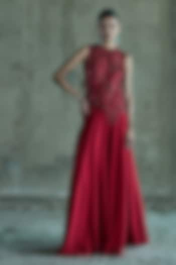 Red Organza & Georgette Pant Set by ISTYA at Pernia's Pop Up Shop