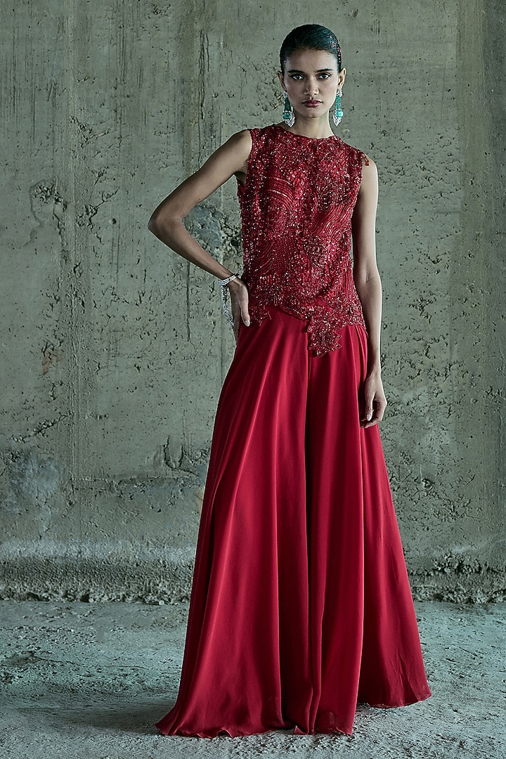 Red Organza & Georgette Pant Set by ISTYA at Pernia's Pop Up Shop