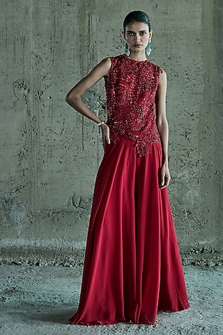 Red Organza & Georgette Pant Set by ISTYA
