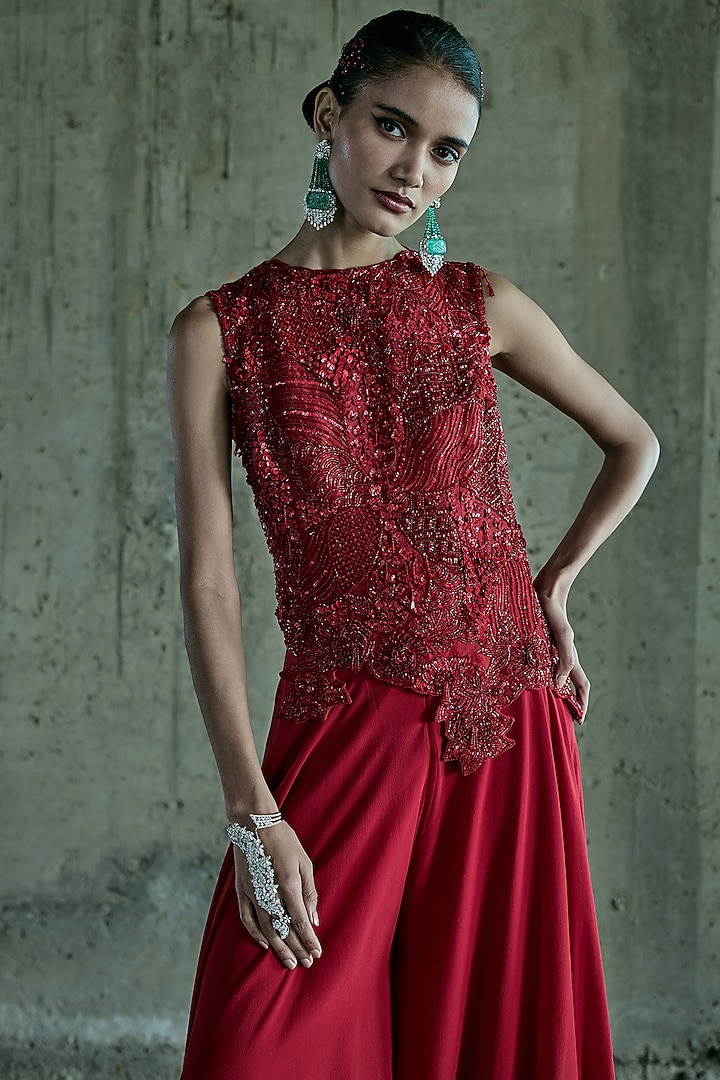 Red Organza & Georgette Pant Set by ISTYA at Pernia's Pop Up Shop