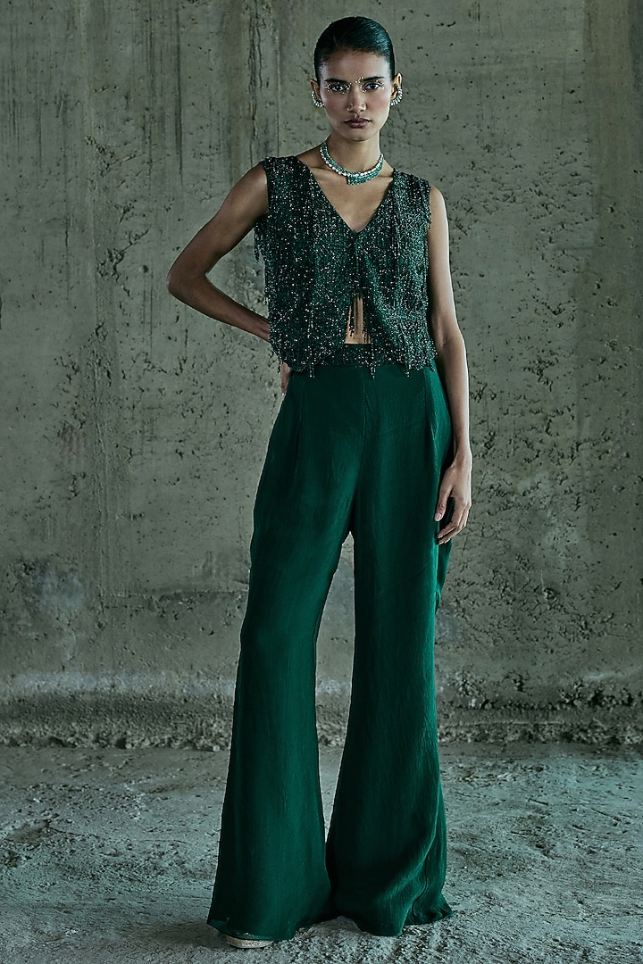 Emerald Green Organza Hand Embroidered Jacket Set by ISTYA at Pernia's Pop Up Shop