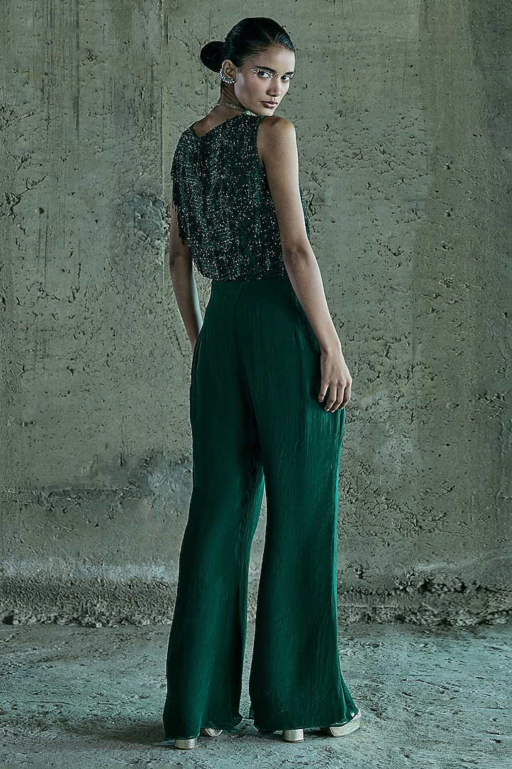 Emerald Green Organza Hand Embroidered Jacket Set by ISTYA at Pernia's Pop Up Shop