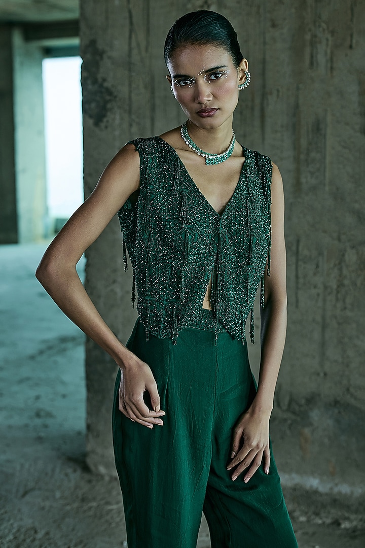 Emerald Green Organza Hand Embroidered Jacket Set by ISTYA at Pernia's Pop Up Shop