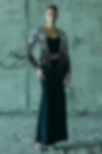 Black Shaded Organza Cutwork Jacket Set by ISTYA at Pernia's Pop Up Shop