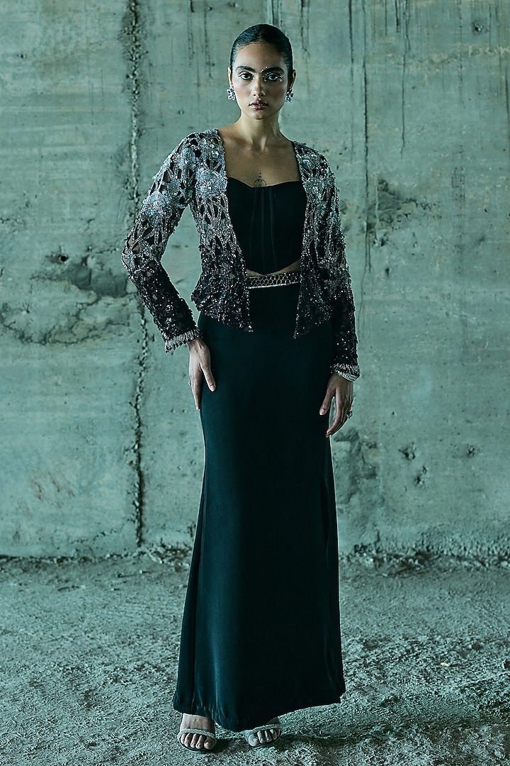 Black Shaded Organza Cutwork Jacket Set by ISTYA at Pernia's Pop Up Shop