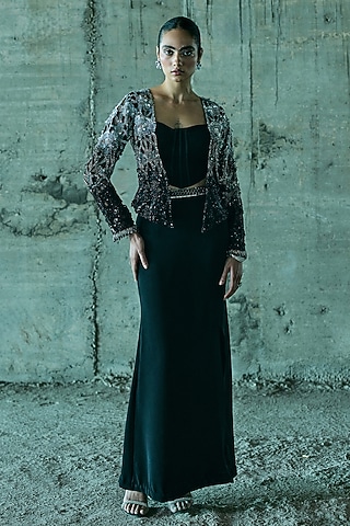 Black Shaded Organza Cutwork Jacket Set by ISTYA