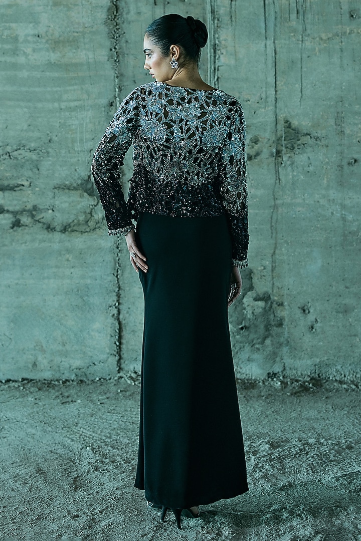 Black Shaded Organza Cutwork Jacket Set by ISTYA at Pernia's Pop Up Shop