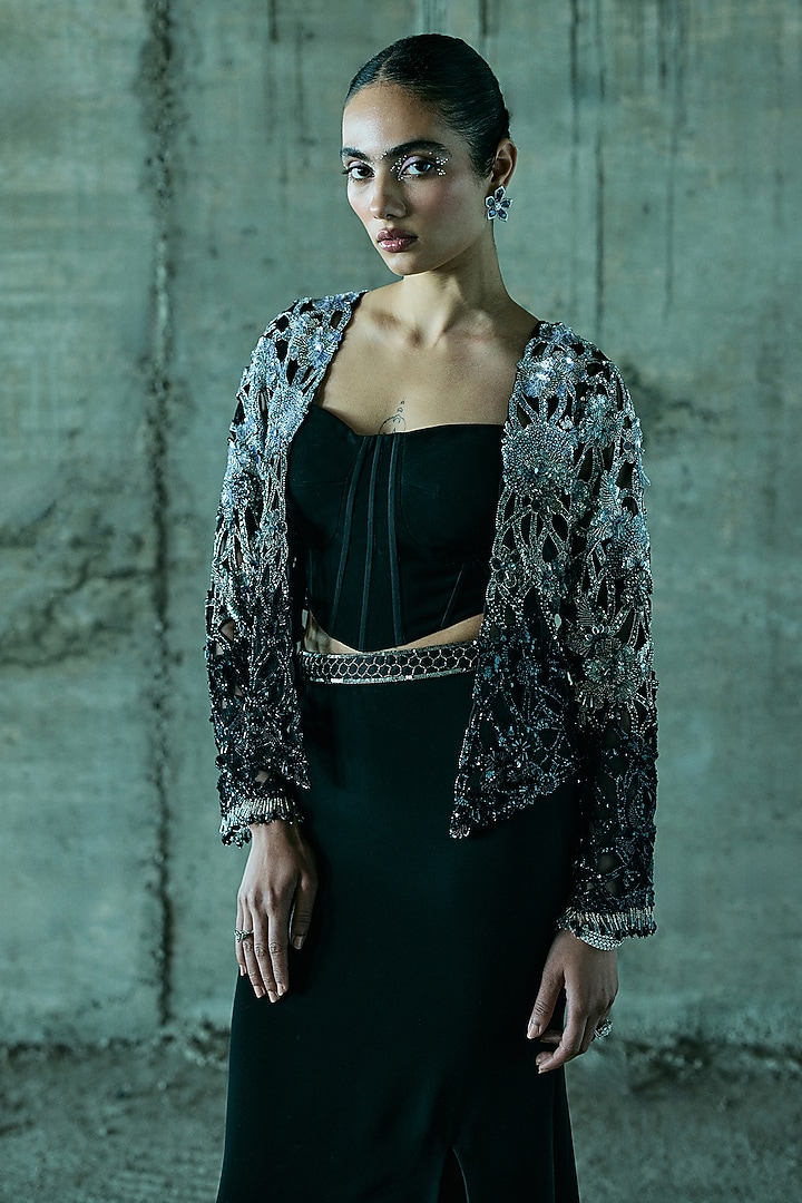Black Shaded Organza Cutwork Jacket Set by ISTYA at Pernia's Pop Up Shop