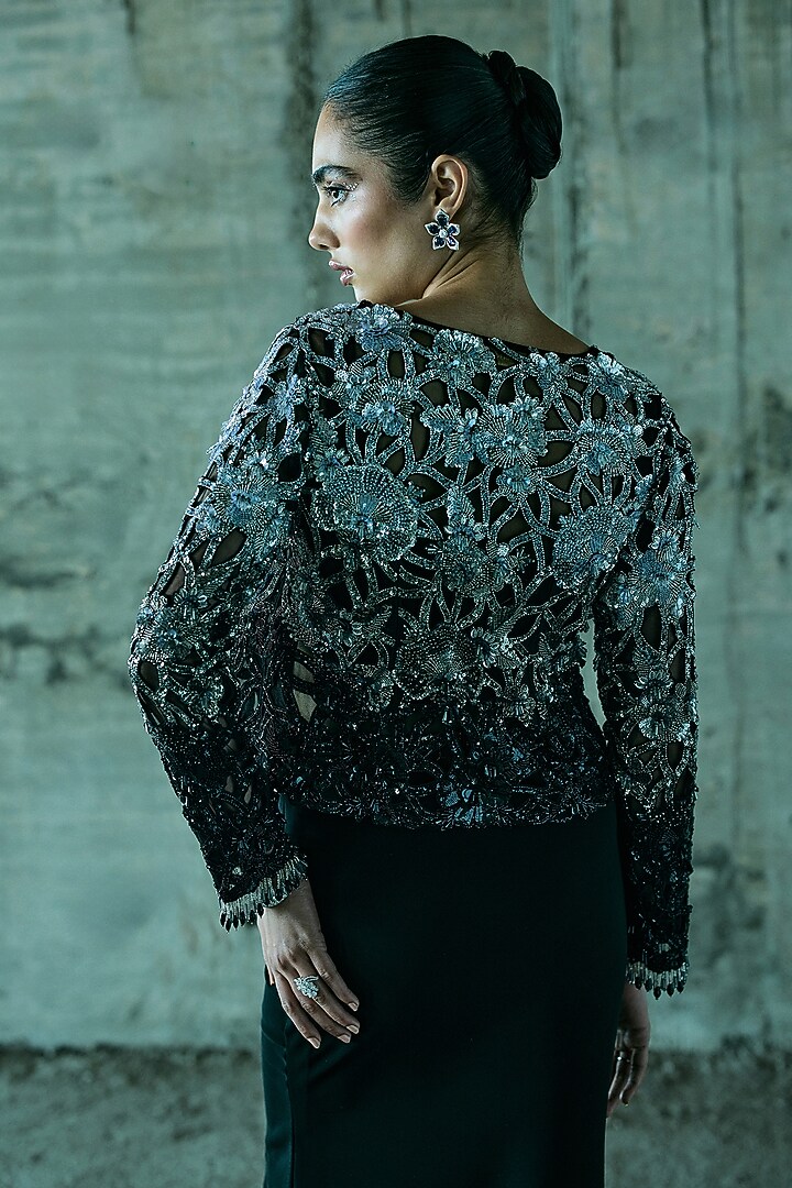 Black Shaded Organza Cutwork Jacket Set by ISTYA at Pernia's Pop Up Shop