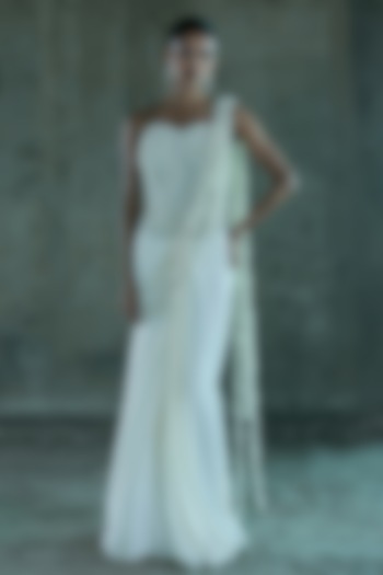 Ivory Georgette Pearl Hand Embroidered Draped Reception Saree Set by ISTYA at Pernia's Pop Up Shop