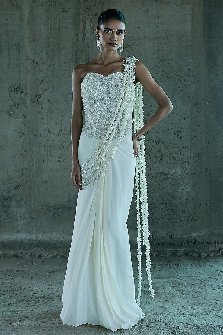 Ivory Georgette Pearl Hand Embroidered Draped Reception Saree Set by ISTYA at Pernia's Pop Up Shop