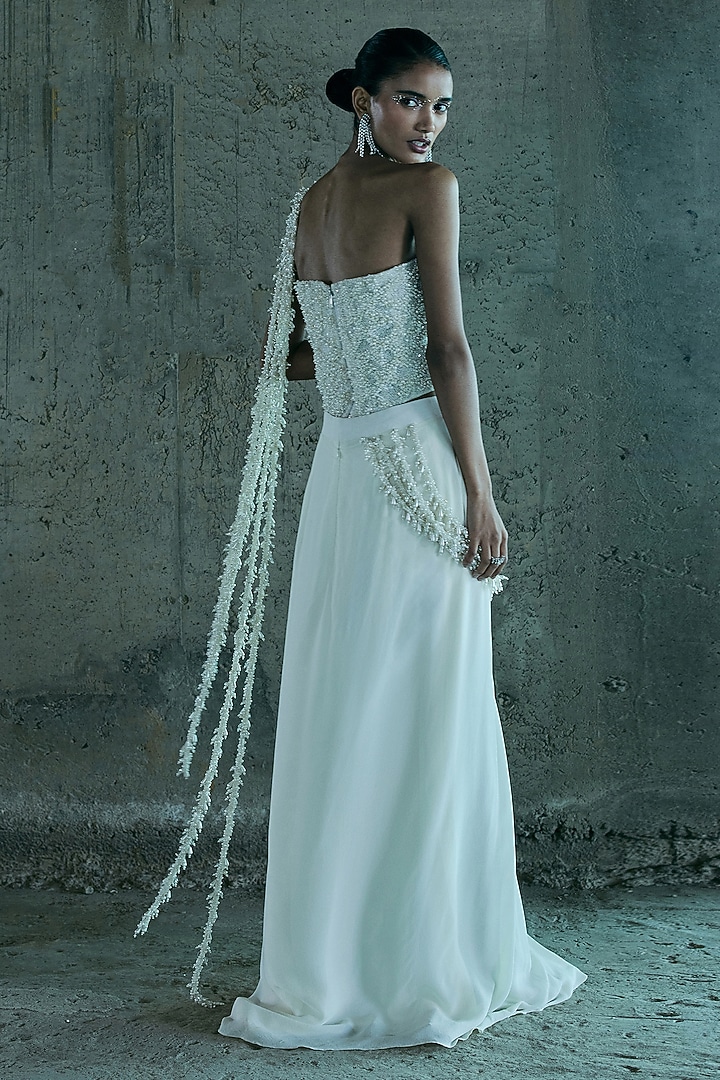 Ivory Georgette Pearl Hand Embroidered Draped Reception Saree Set by ISTYA at Pernia's Pop Up Shop