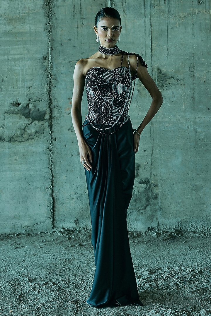 Black Satin Skirt Set by ISTYA at Pernia's Pop Up Shop