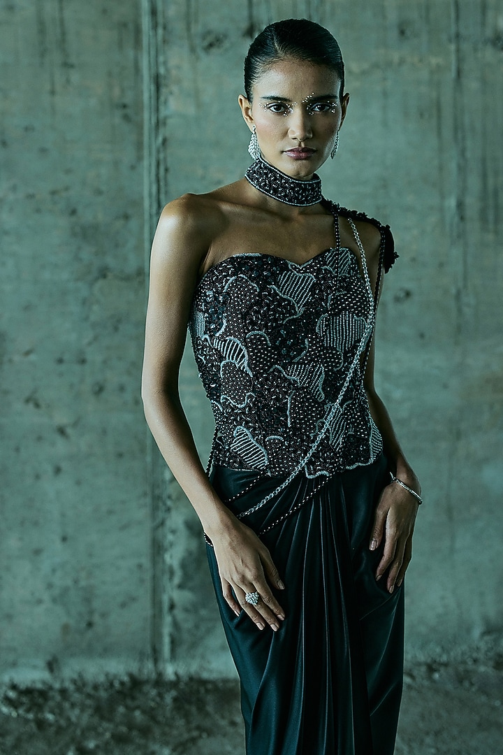 Black Satin Skirt Set by ISTYA at Pernia's Pop Up Shop