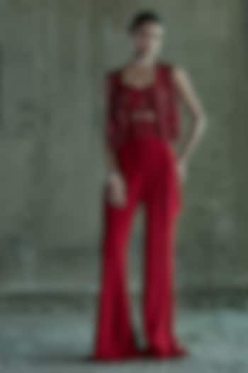 Red Organza 3D Hand Embroidered Jacket Set by ISTYA at Pernia's Pop Up Shop