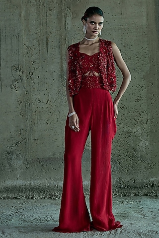 Red Organza 3D Hand Embroidered Jacket Set by ISTYA
