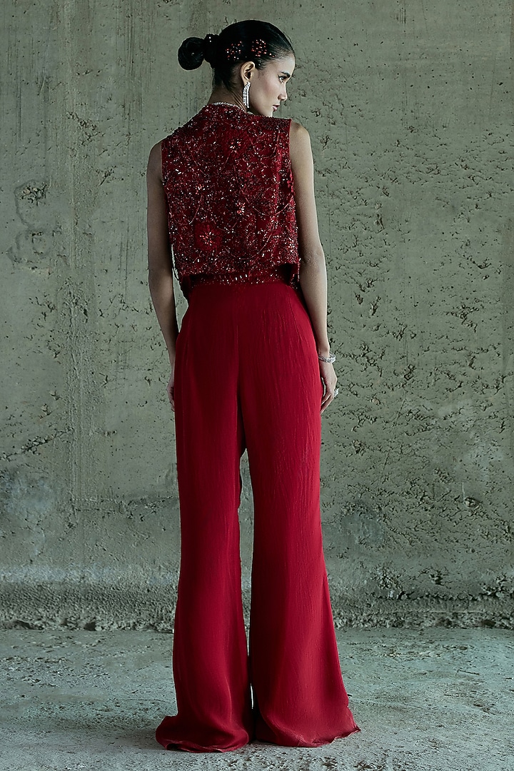 Red Organza 3D Hand Embroidered Jacket Set by ISTYA at Pernia's Pop Up Shop