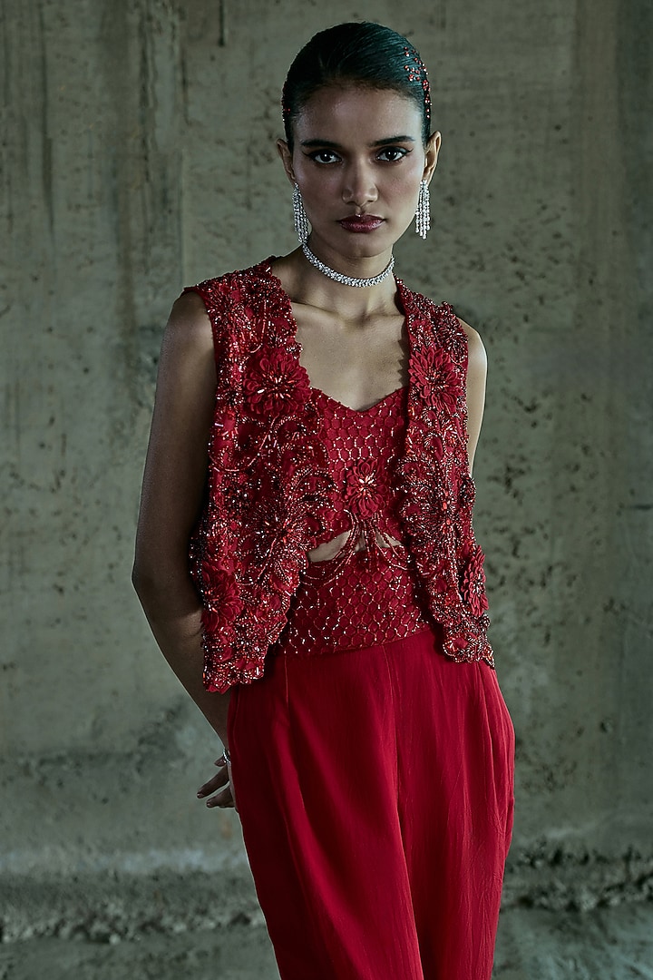 Red Organza 3D Hand Embroidered Jacket Set by ISTYA at Pernia's Pop Up Shop