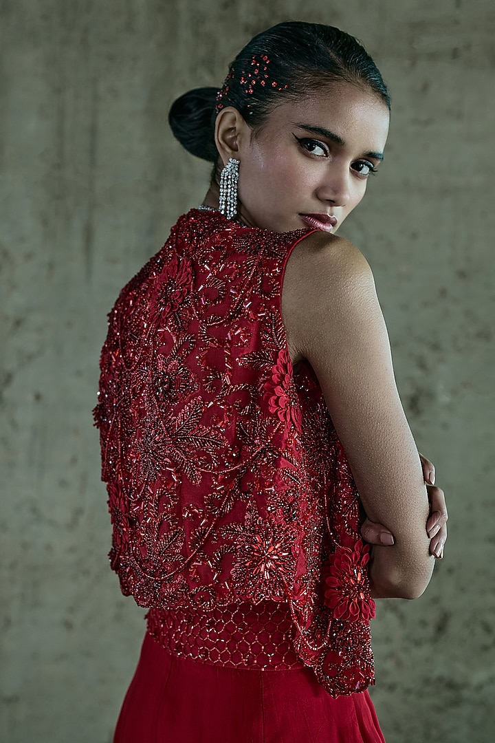 Red Organza 3D Hand Embroidered Jacket Set by ISTYA at Pernia's Pop Up Shop