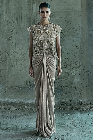 Beige Chiffon Skirt Set by ISTYA