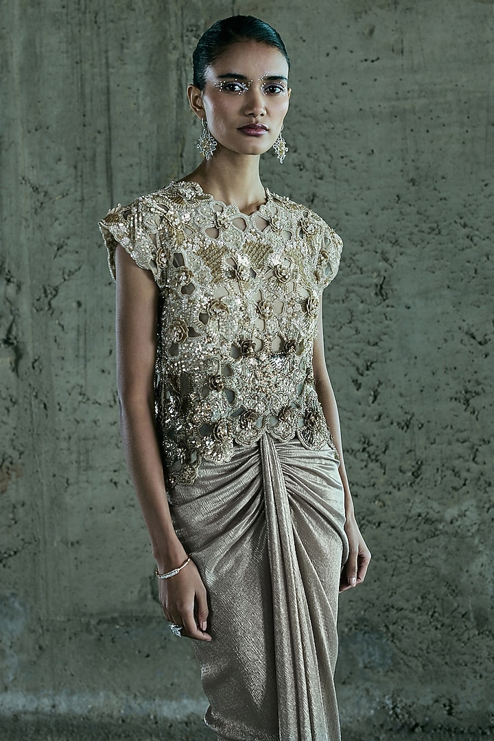 Beige Chiffon Skirt Set by ISTYA at Pernia's Pop Up Shop